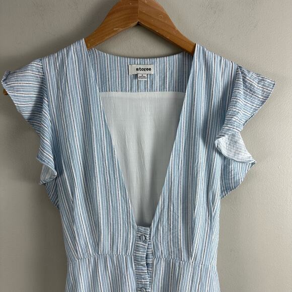 Storee Blue White Stripe Button Front Tie Waist Plunging Midi Flutter Dress S - Picture 5 of 11